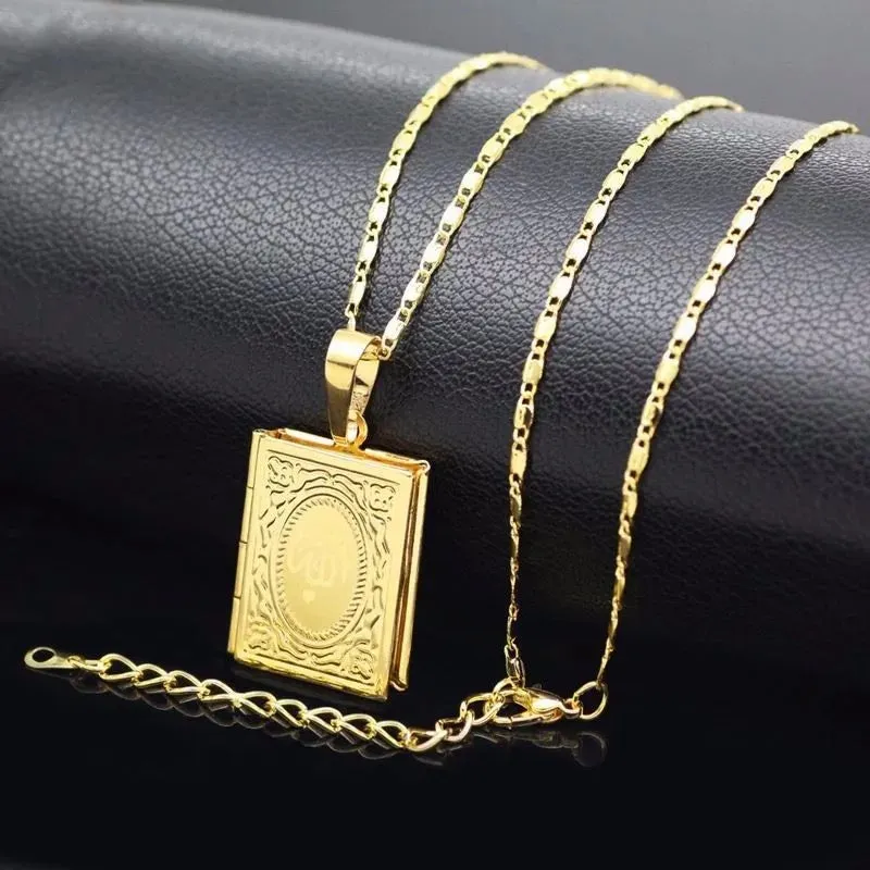 2 pc Necklace Quran Book Openable Pendant Photo Locket Box Necklace Religion Islamic Jewelry Accessories - S322379268