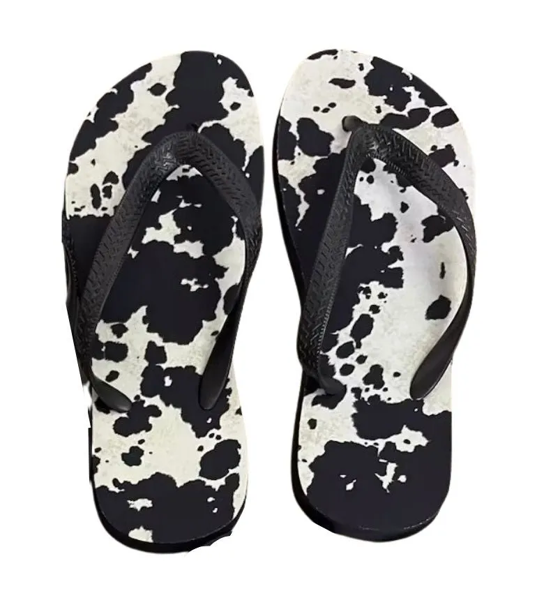 Black Cowhide Print Flip Flops