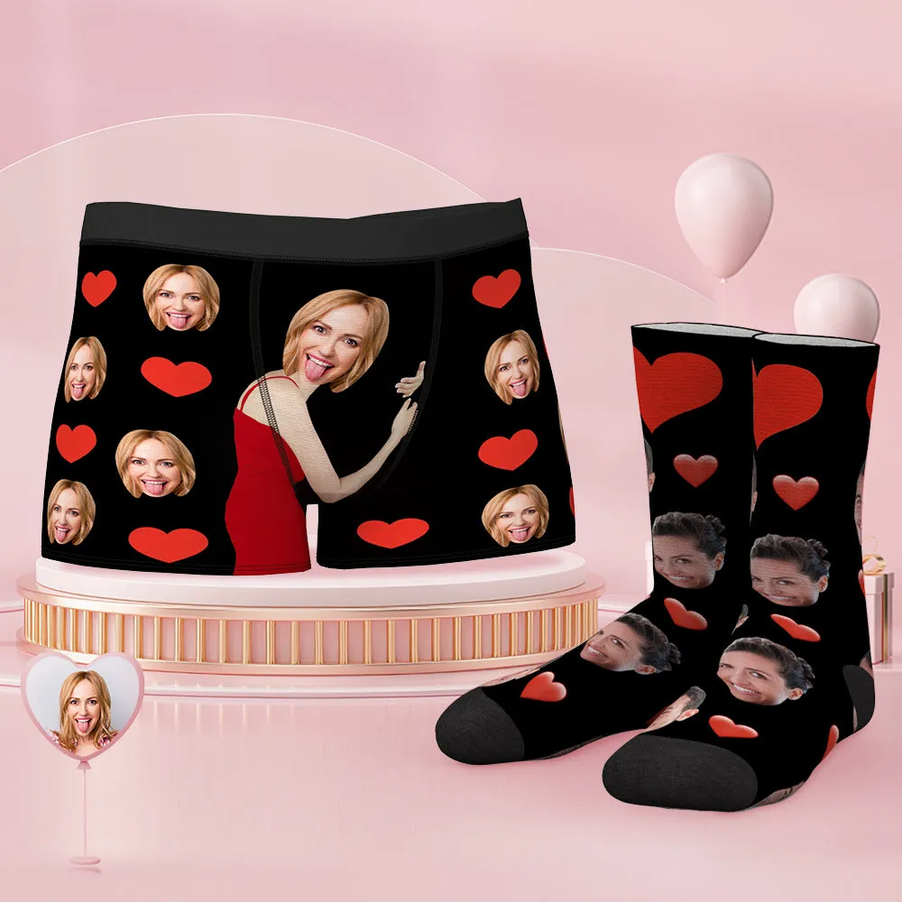 Custom Face Boxer Shorts And Socks Set Heart