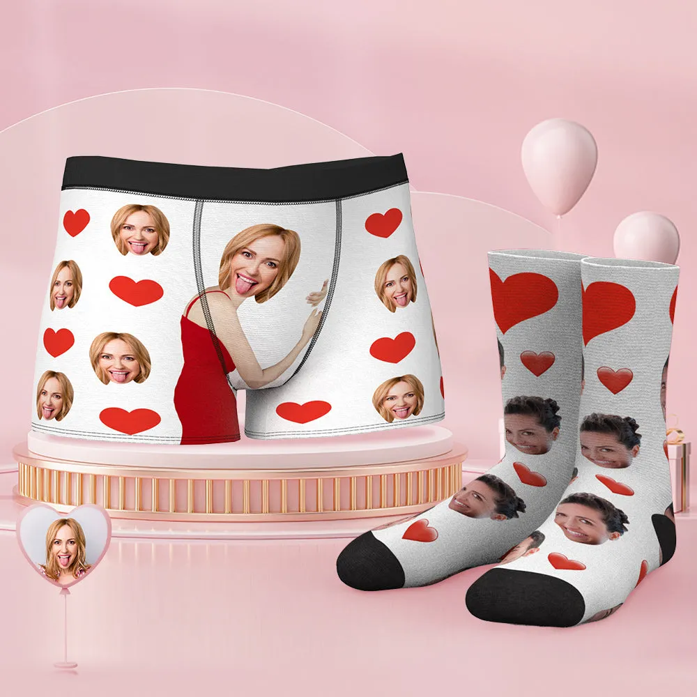 Custom Face Boxer Shorts And Socks Set Heart