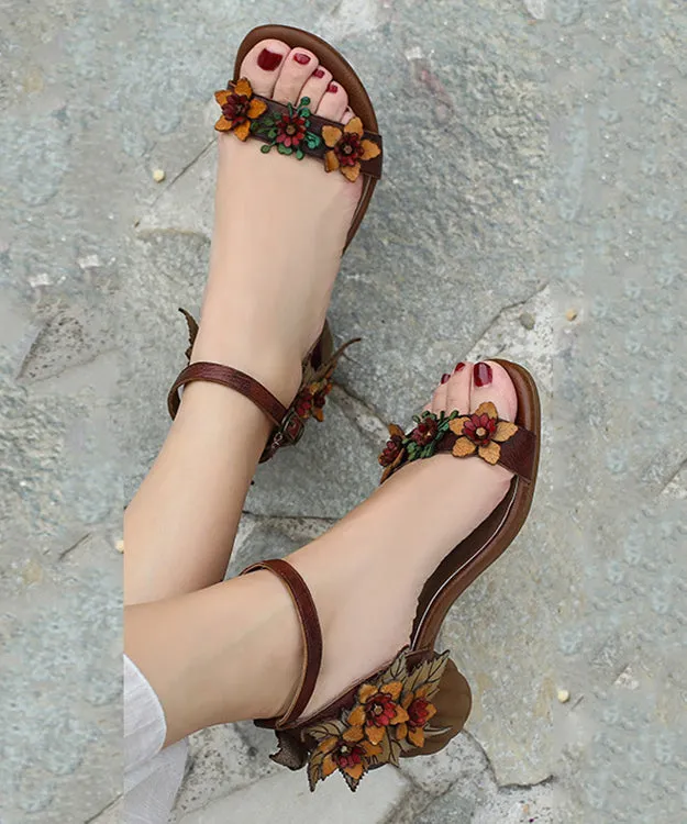 Handmade Orange Chunky Cowhide Leather Flower Peep Toe Sandals SL1003