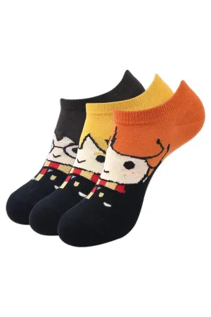 Harry Potter Character Lowcut Socks -Harry Ron & Hermione For Women (Pack Of 3 Pairs/1U) - Yellow, Brown & Orange