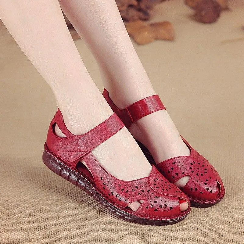 Holed Leather Women Flat Sandals