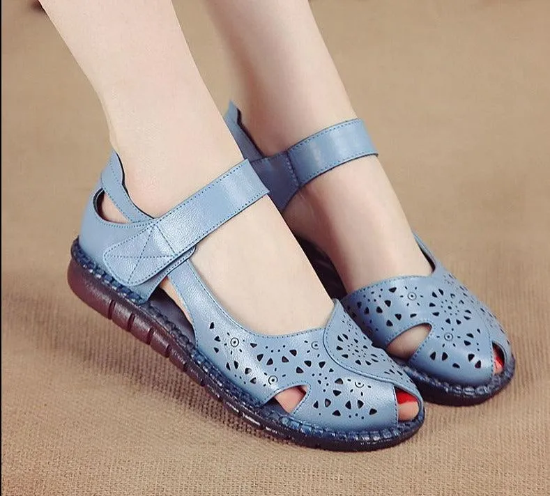 Holed Leather Women Flat Sandals