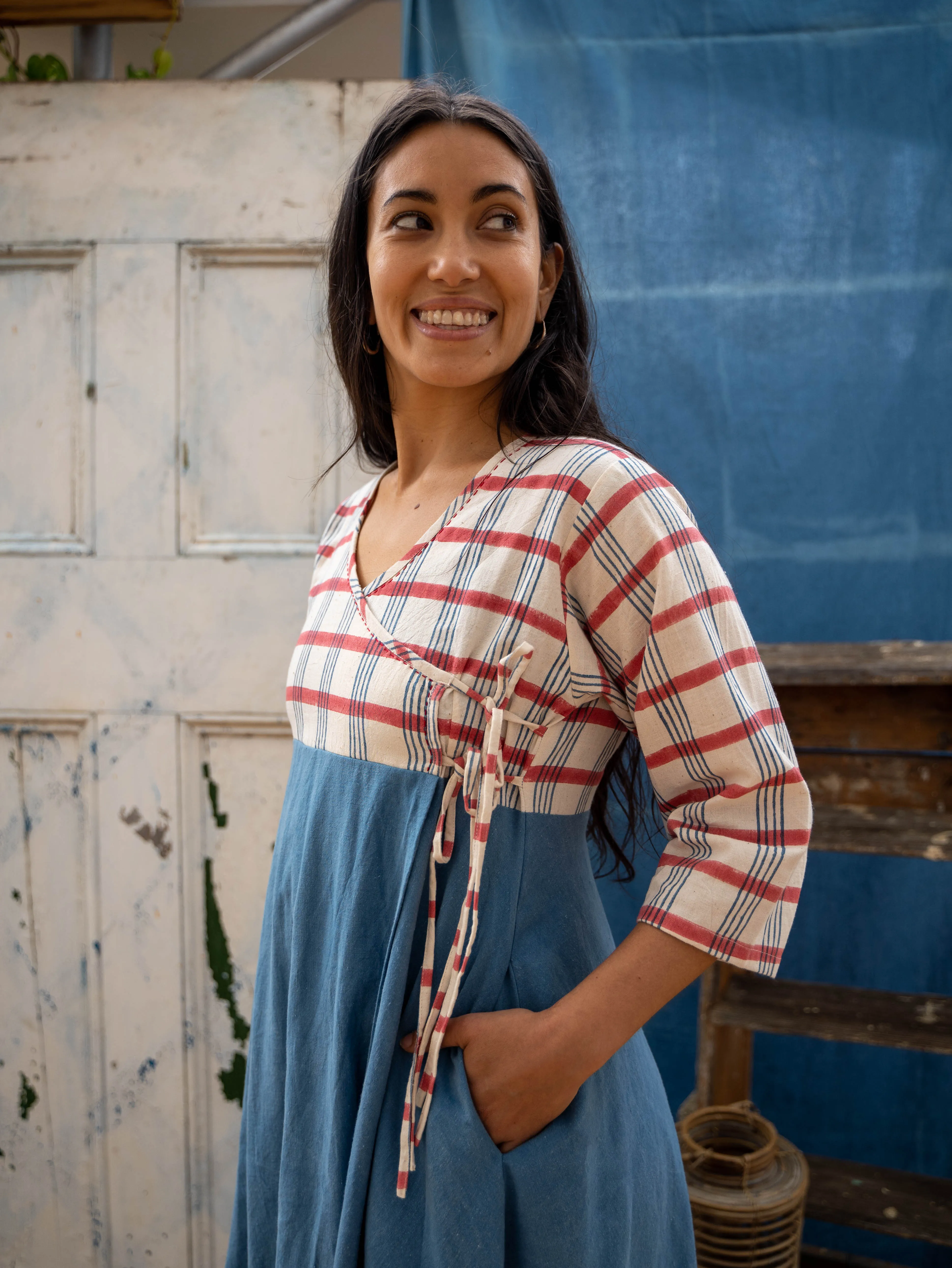 Indian Wrap Dress - Check Mate Blockprint Bust with Indigo Skirt