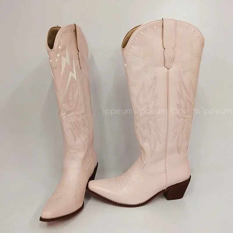 Knee High Cowboy Boots Women With Embroidery New Fashion Free Shipping White Cowgirl Boots For Wedding Western Shoes