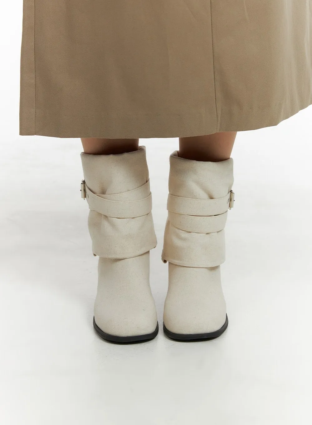 Linen Buckle Midi Boots CM422