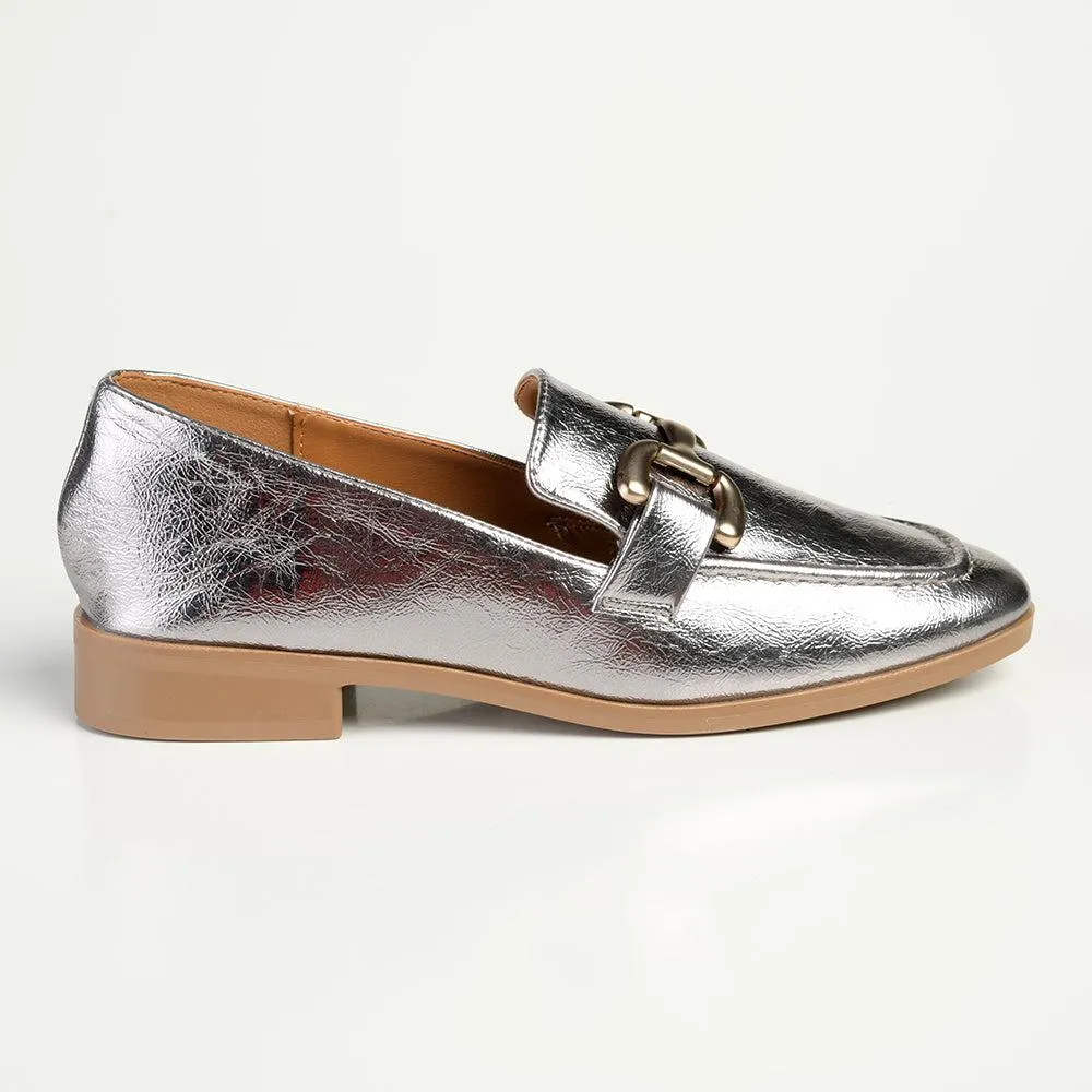 Madison Polly Loafer With Gold Metal Trim Detail - Pewter