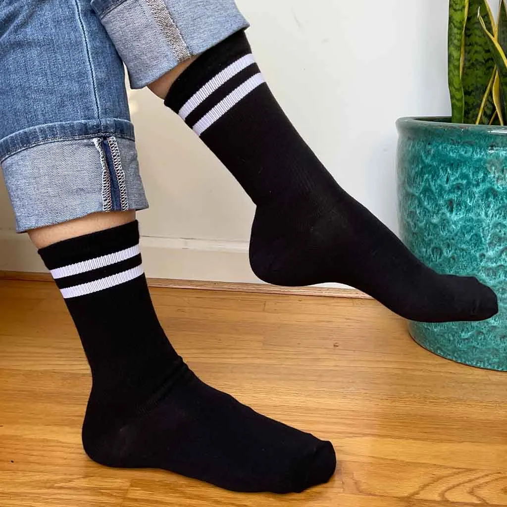 Medium - Basic Striped Crew Socks in Black or White - 3 Pack