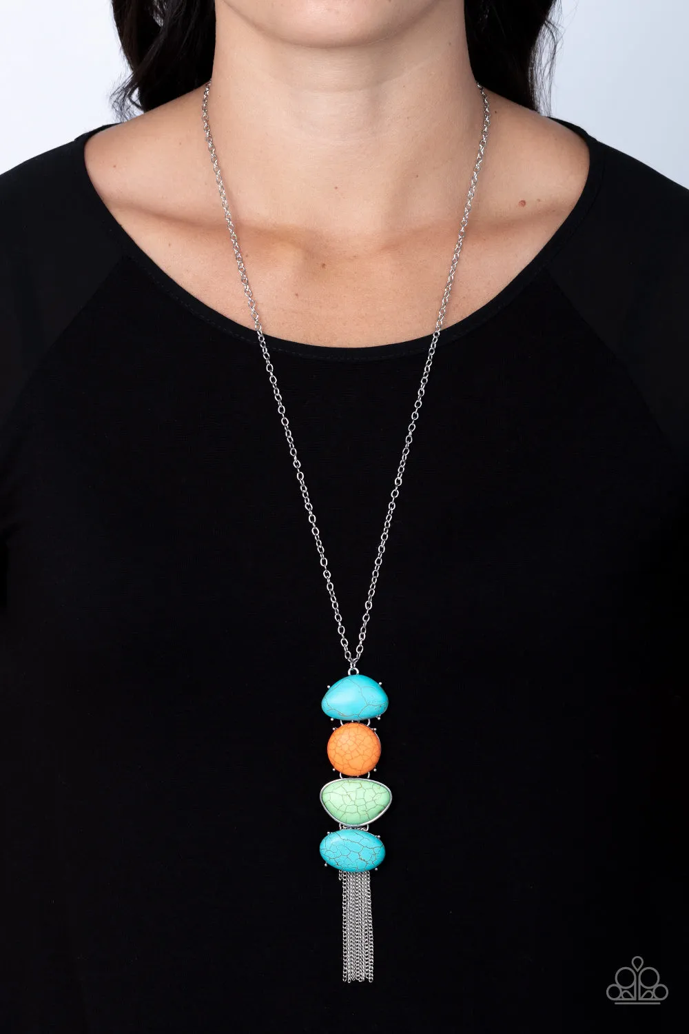 Paparazzi Hidden Lagoon - Multi Turquoise and Orange Stone Long Necklace