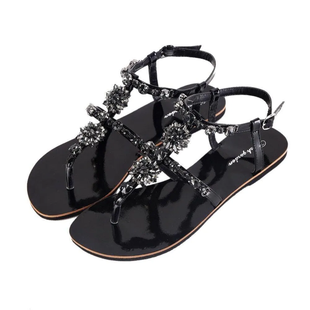 Rhinestones T-Strap Flat Sandals