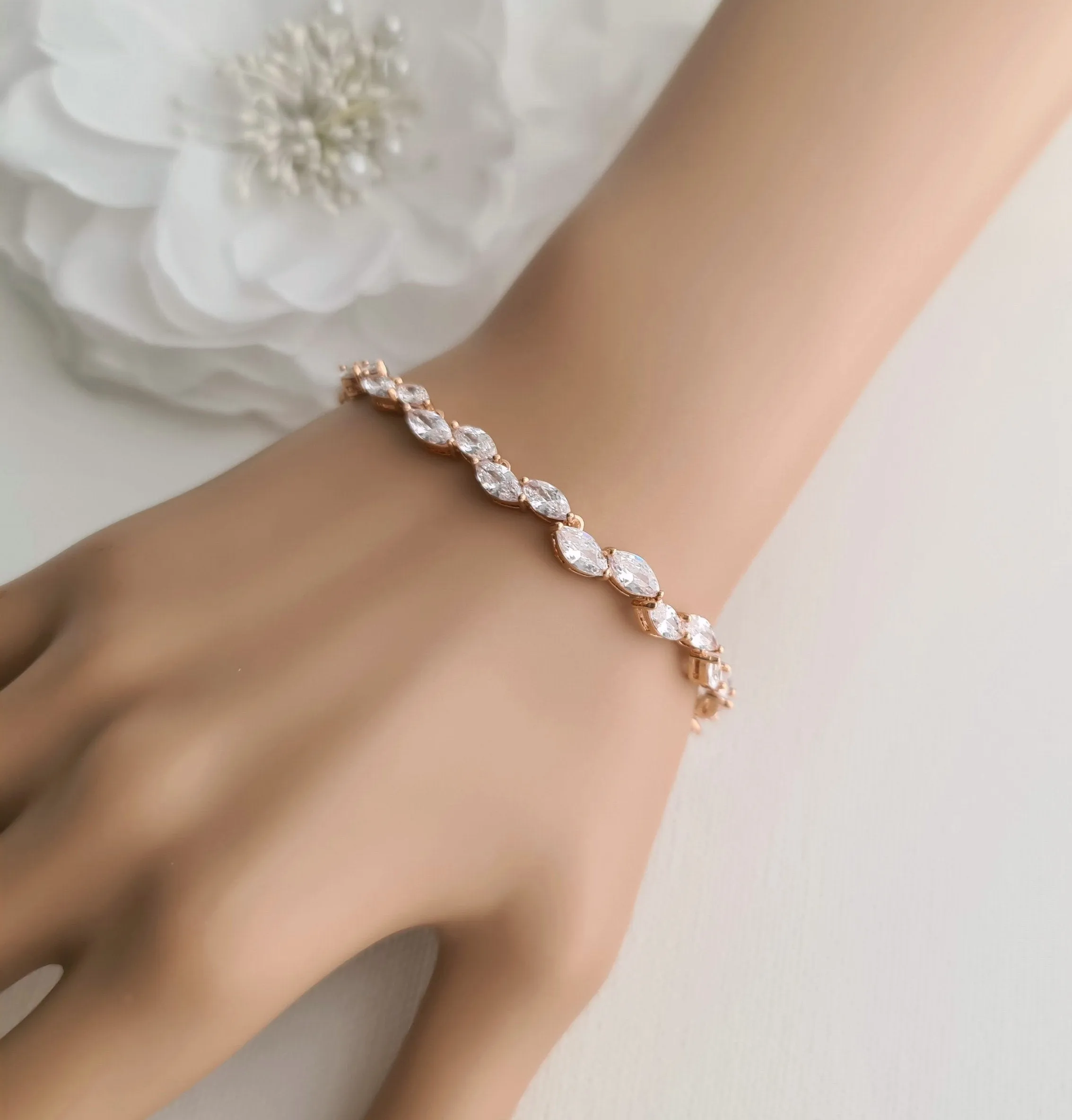 Rose Gold Wedding Bracelet With Crystal Leaf for Brides- Belle