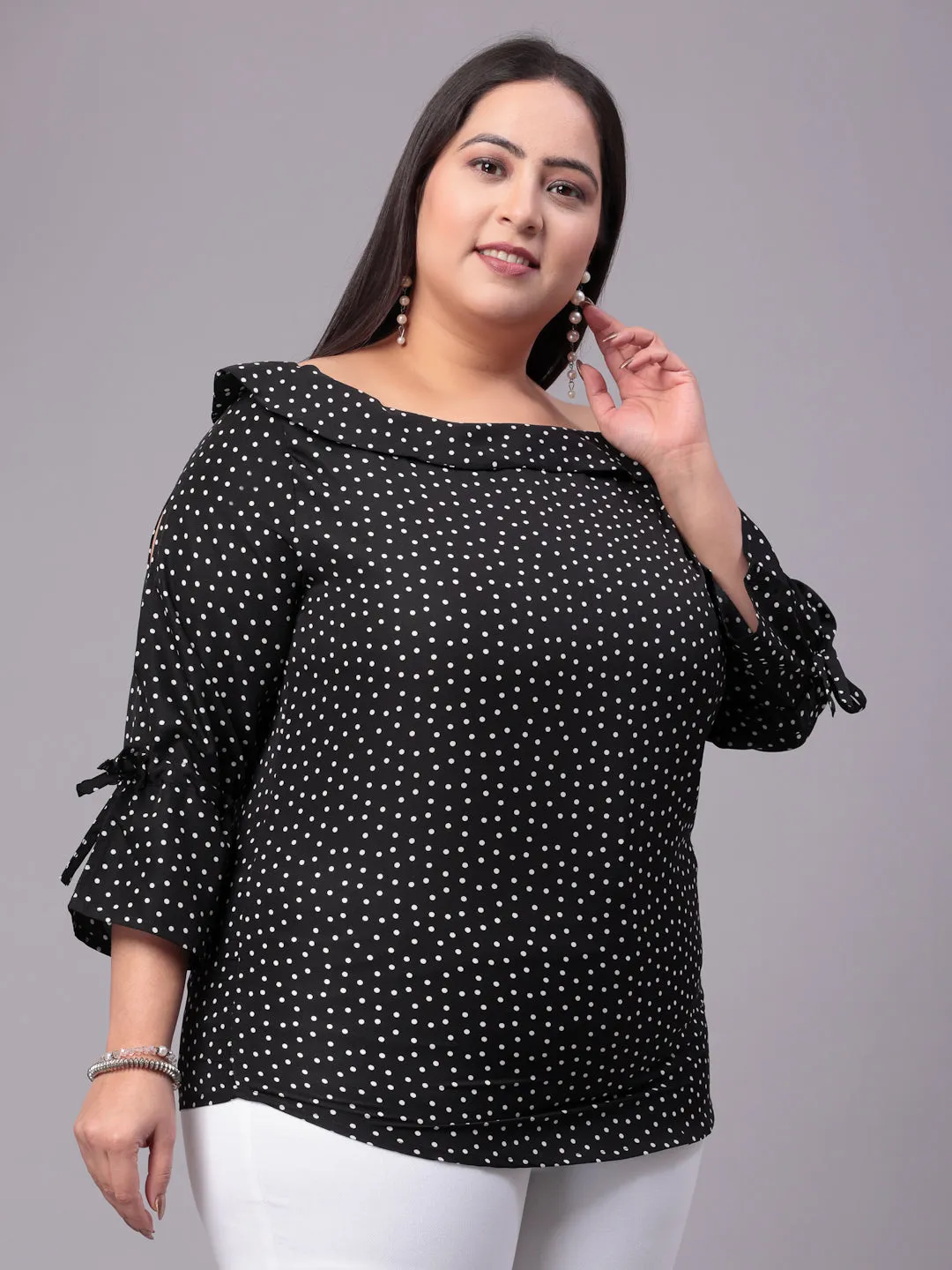 Style Quotient Women Black & White Polk Dot Print Bardot Plus Size Top