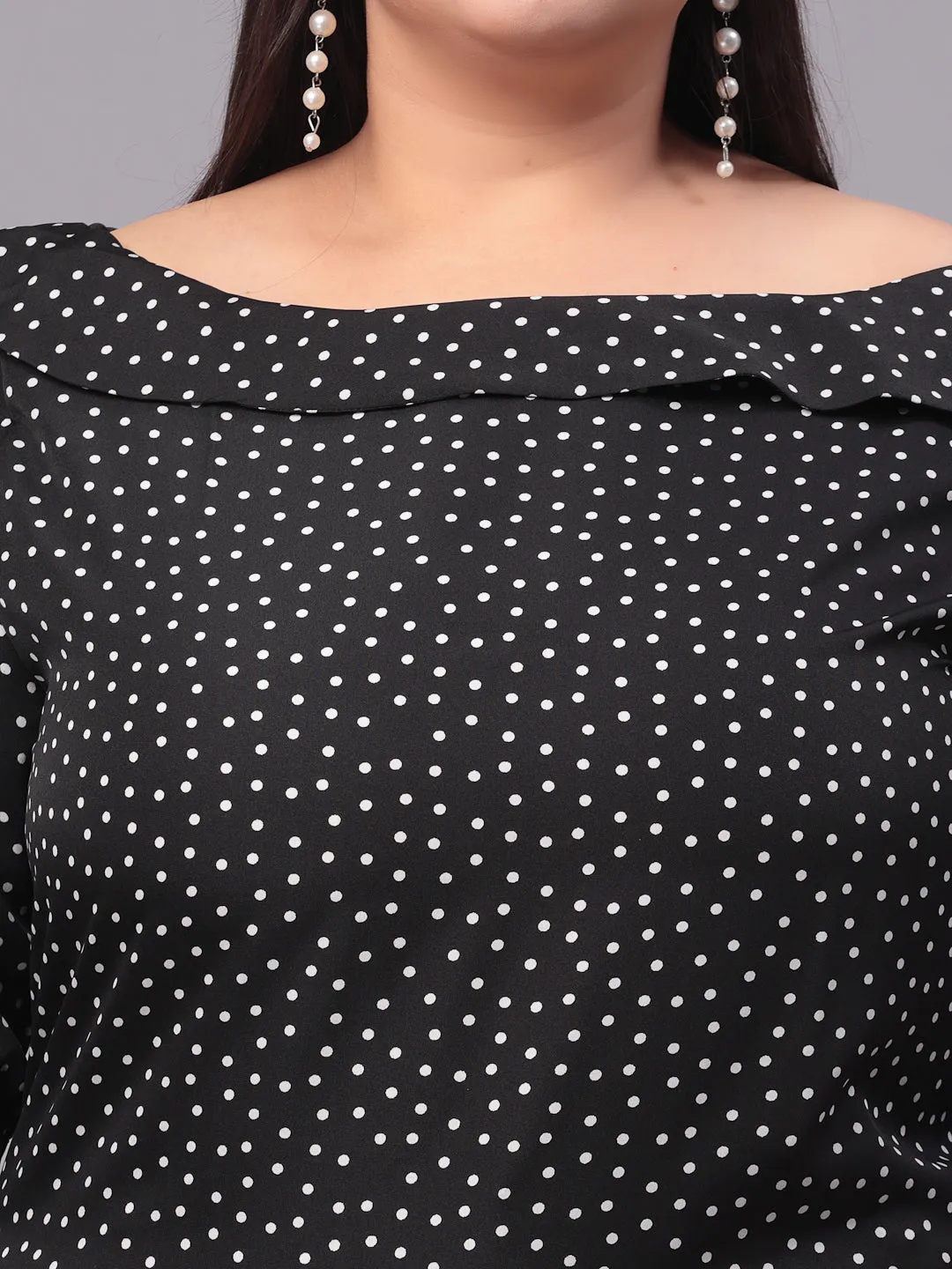 Style Quotient Women Black & White Polk Dot Print Bardot Plus Size Top