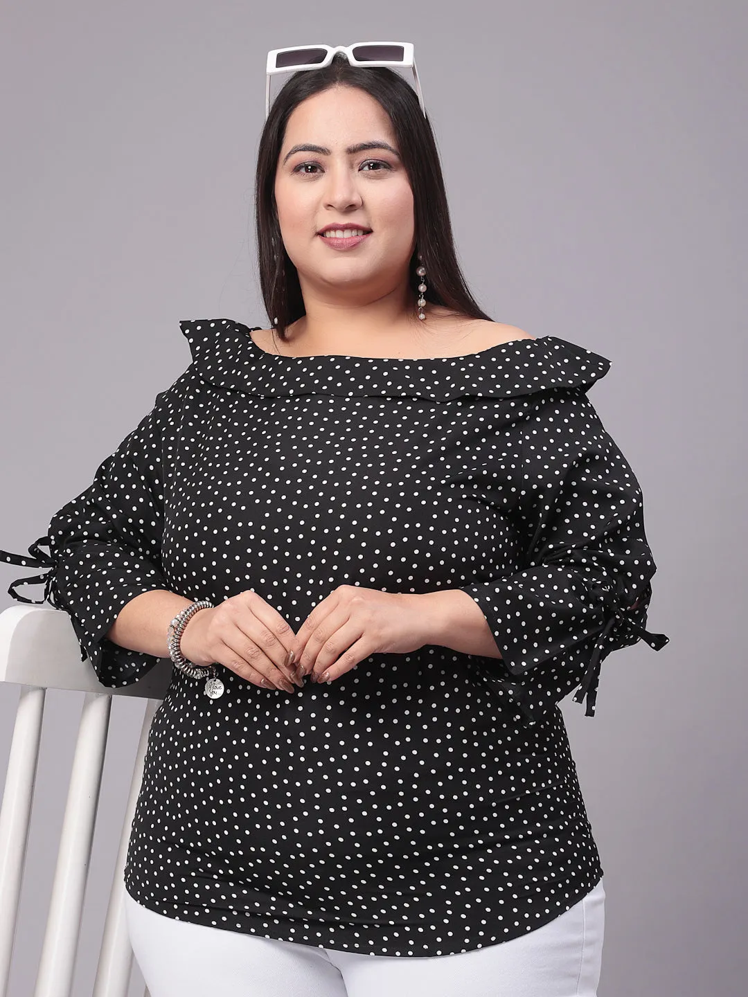 Style Quotient Women Black & White Polk Dot Print Bardot Plus Size Top