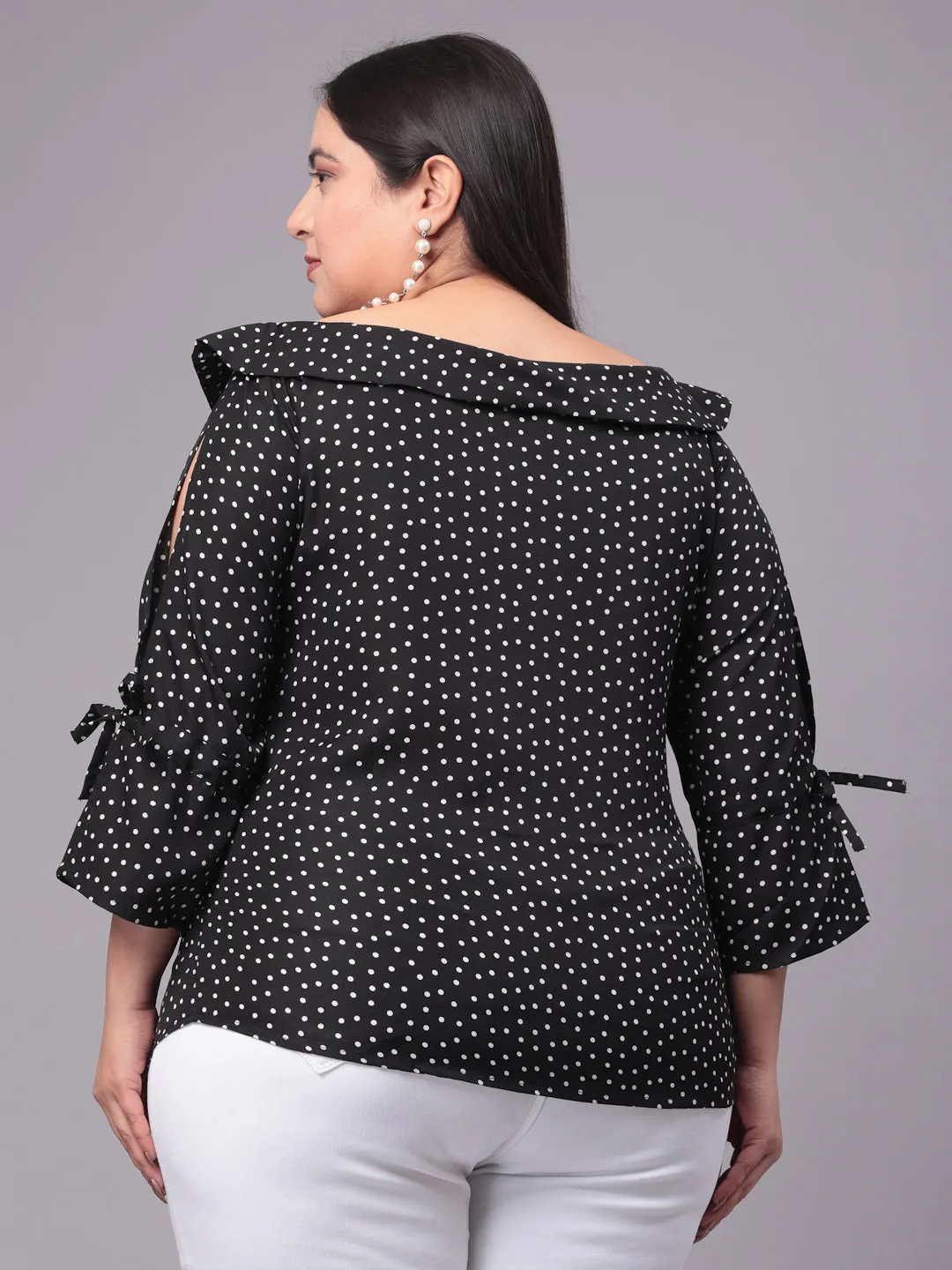 Style Quotient Women Black & White Polk Dot Print Bardot Plus Size Top