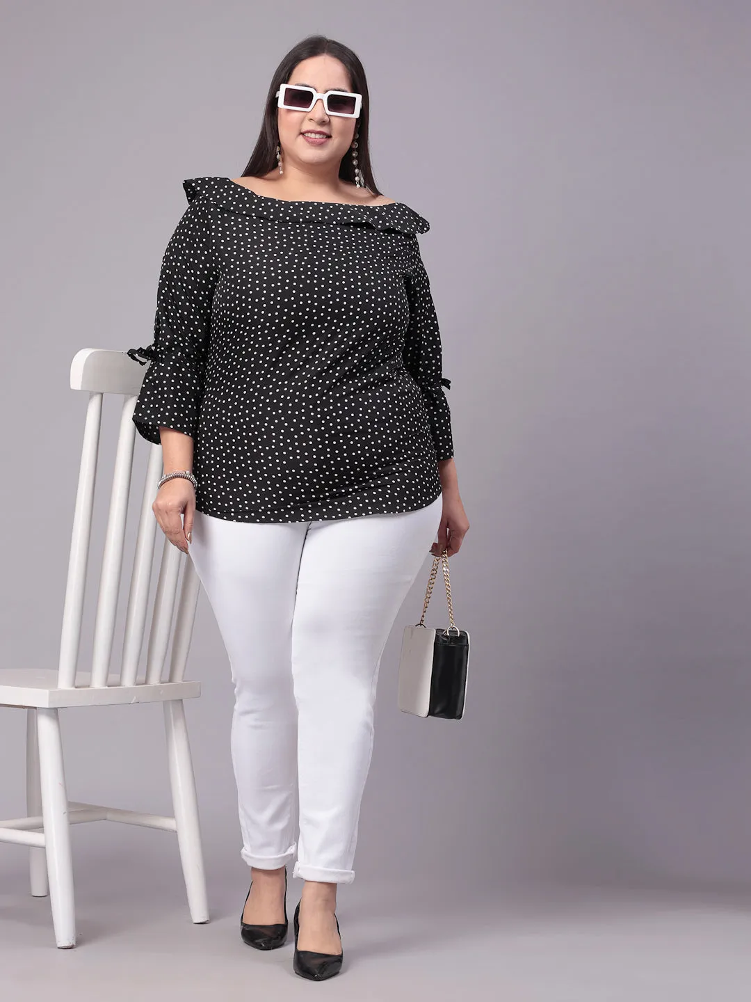 Style Quotient Women Black & White Polk Dot Print Bardot Plus Size Top