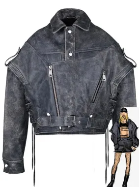 Womens Vintage Washed Faux Leather Short Zipper Jacket - Stylish and Trendy Outerwear