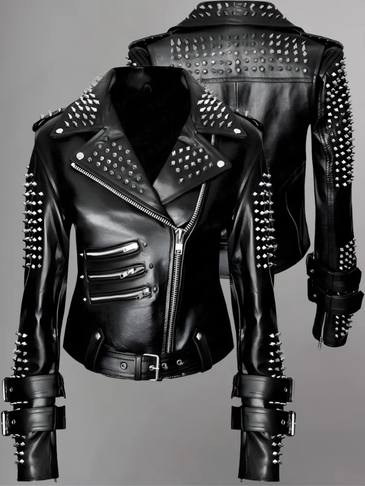 Women Black Punk Silver Spiked Studded Leather Biker Jacket