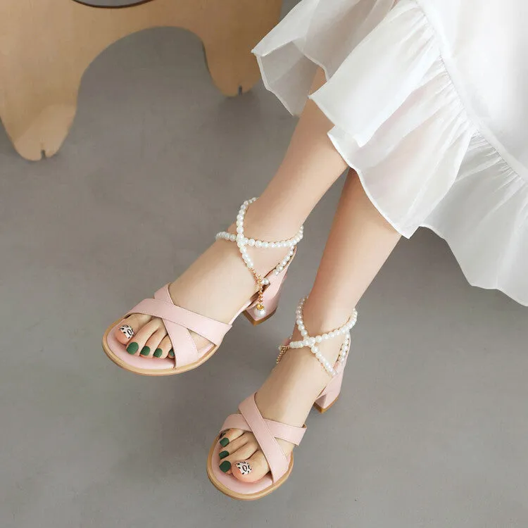 Women's Crossed Straps Pearls Beads Block Chunky Heel Sandals