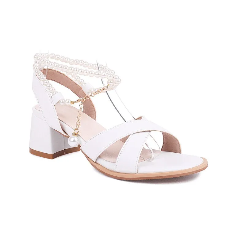 Women's Crossed Straps Pearls Beads Block Chunky Heel Sandals