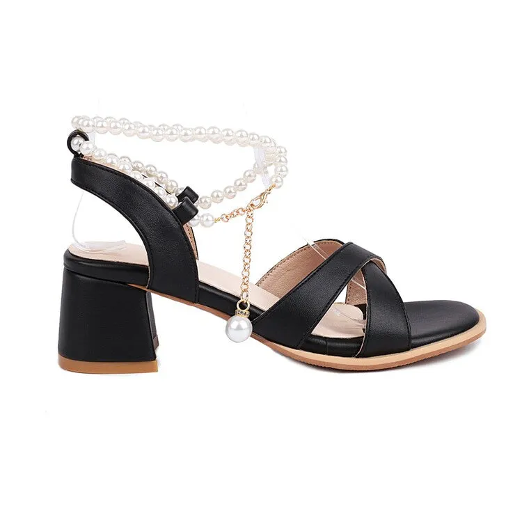 Women's Crossed Straps Pearls Beads Block Chunky Heel Sandals