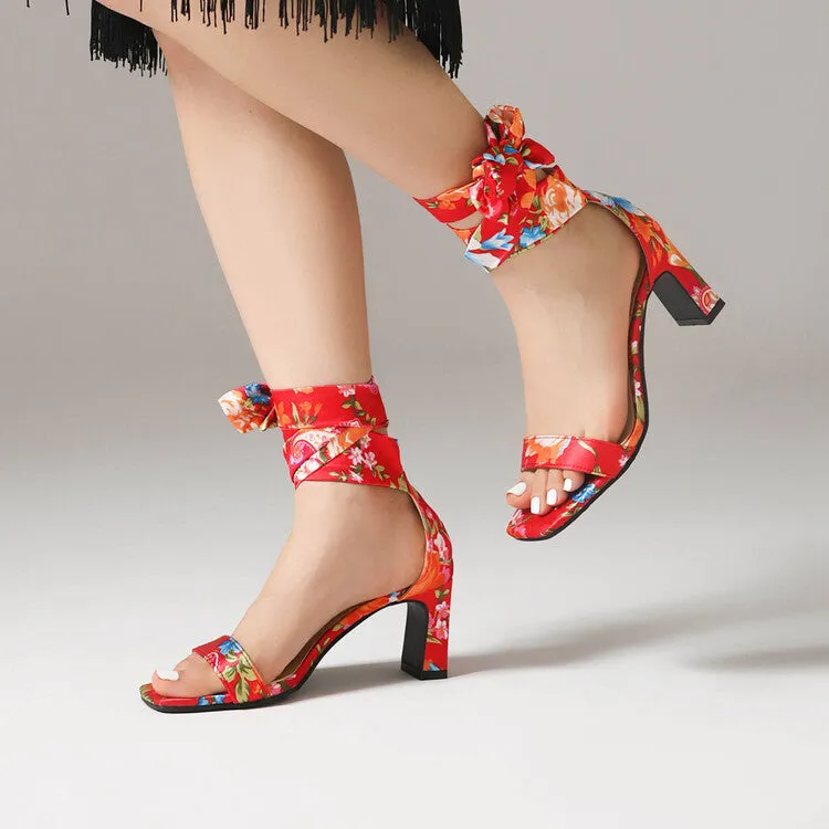 Women's Ethnic Ribbons Bow Tie Square Toe Block Heel Sandals