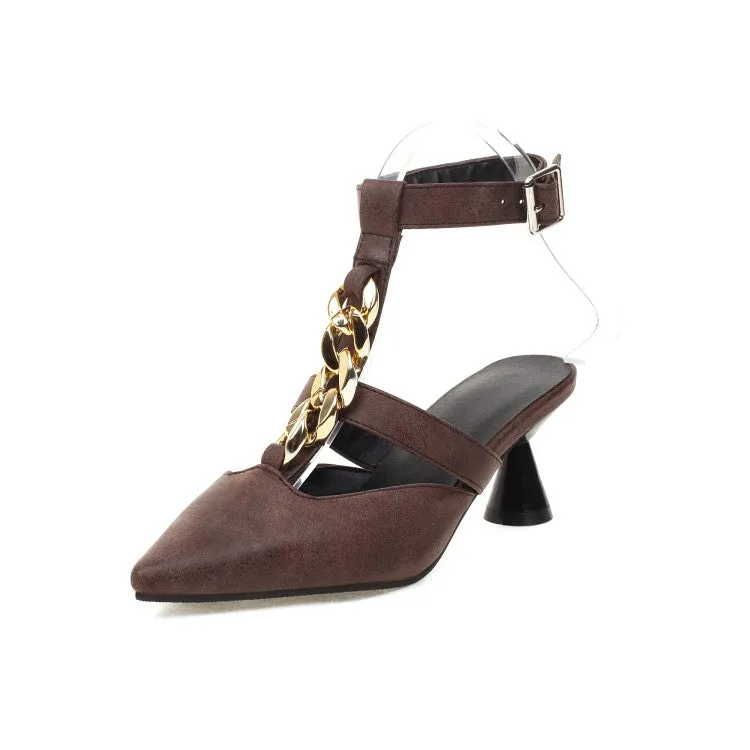 Women's Metal Chains Pointed Toe Buckle Straps Spool Heel Sandals