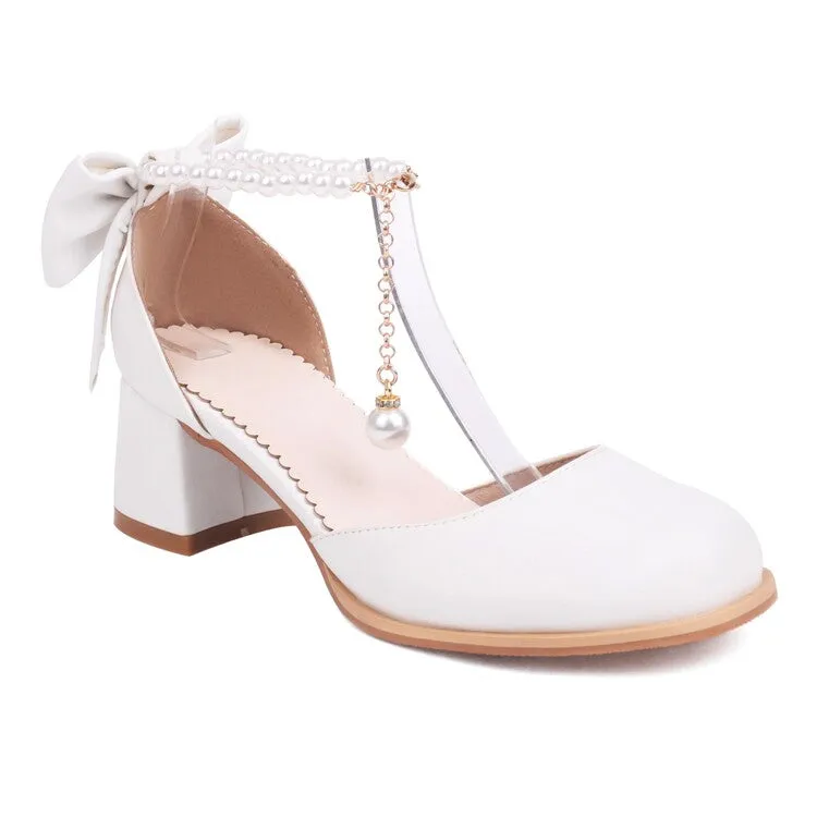 Women's Round Toe Pearls Beads Bow Tie Block Chunky Heel Sandals