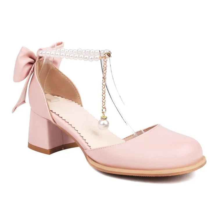 Women's Round Toe Pearls Beads Bow Tie Block Chunky Heel Sandals